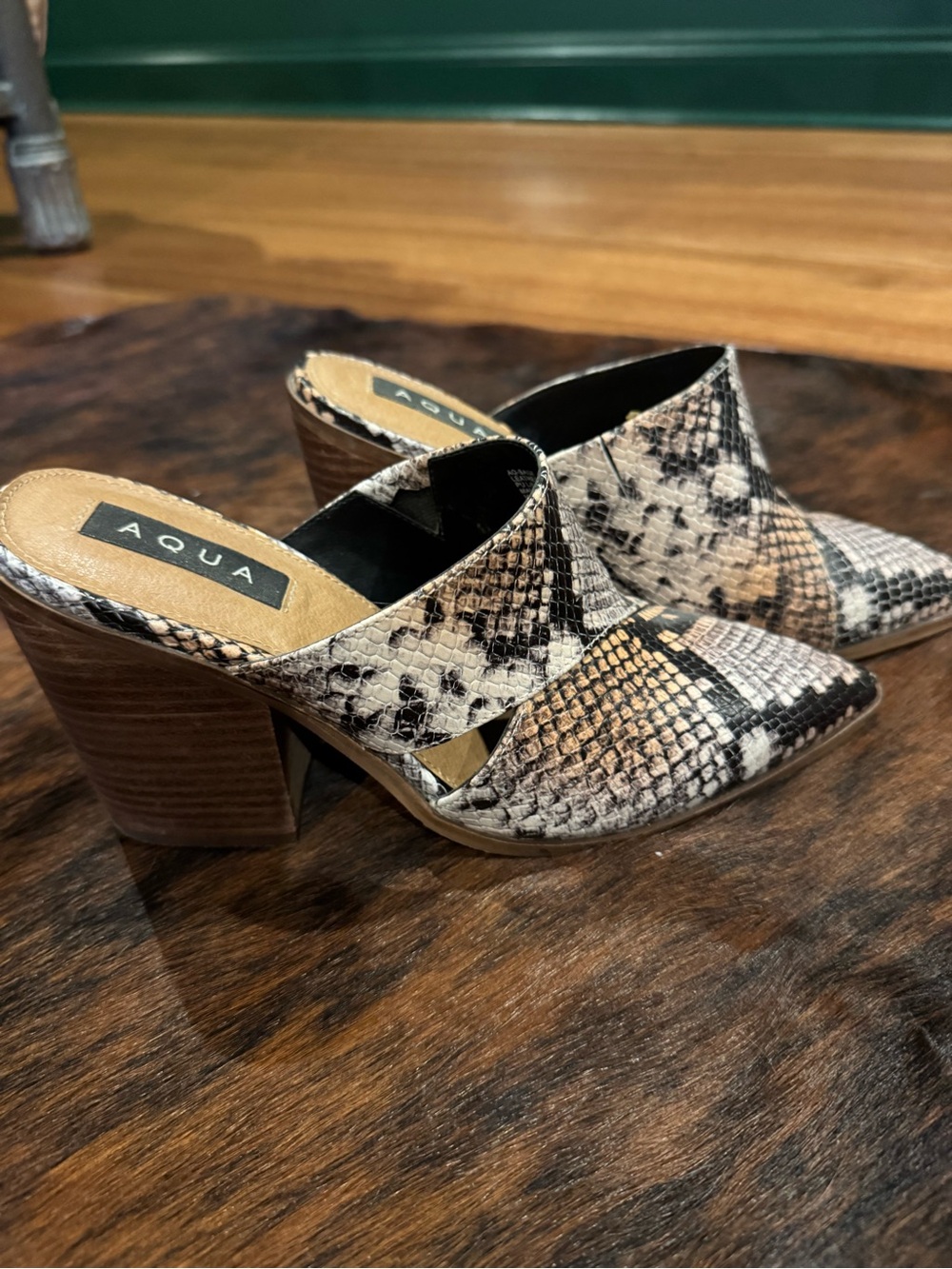 Aqua Snake-Print Mule Booties in Black, Brown & Cream